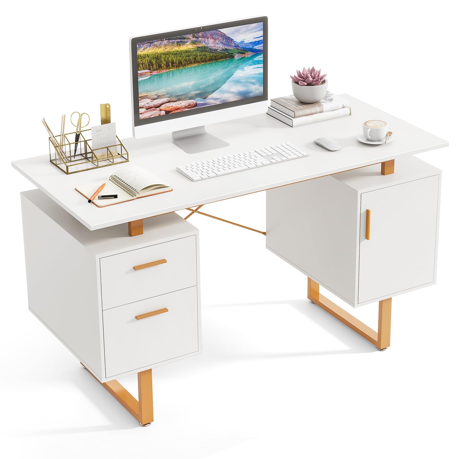 Tangkula Bureau blanc avec tiroirs de rangement et armoire, poste de travail informatique de bureau à domicile avec plateau flottant